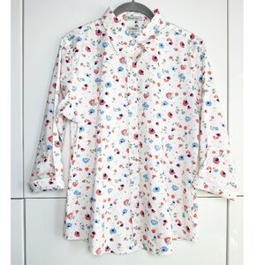 L.L. Bean Button Up Blouse Wrinkle Free White Floral Size Small 3/4 Sleeves